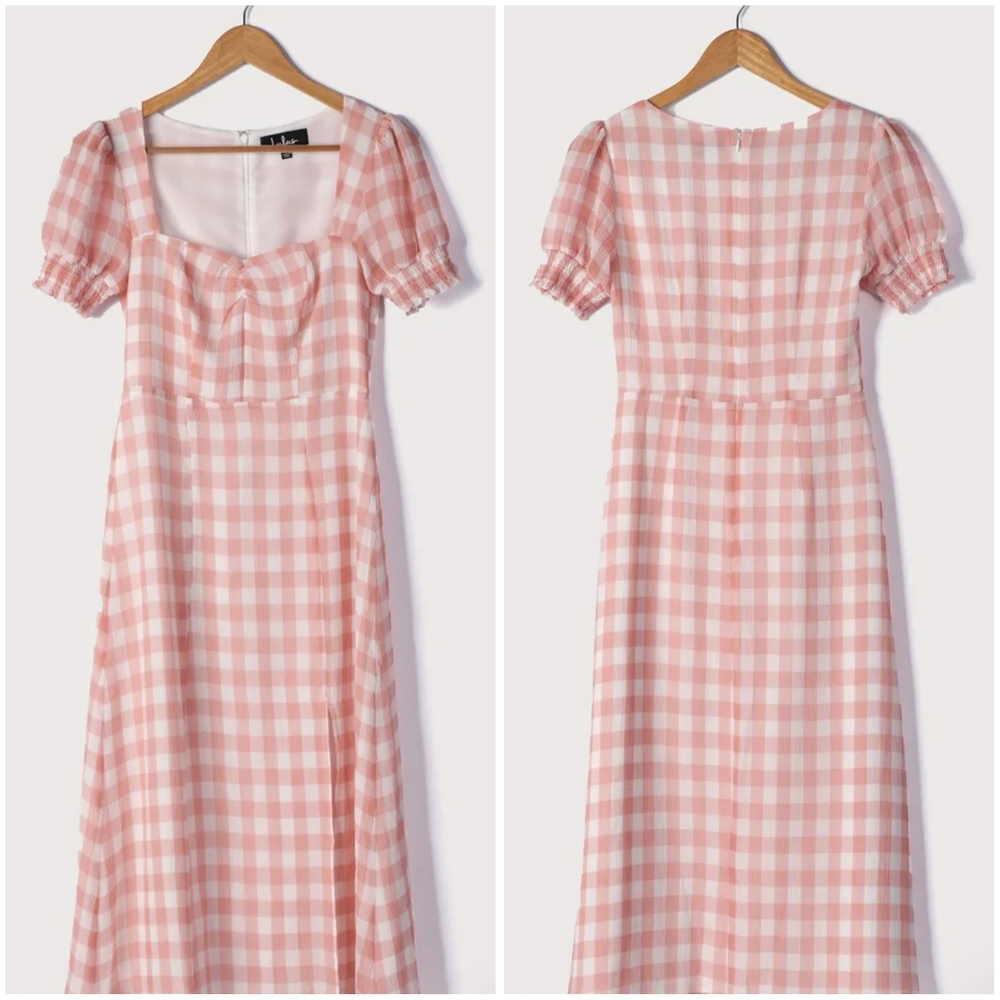 Lulus - Peach Gingham Midi Dress